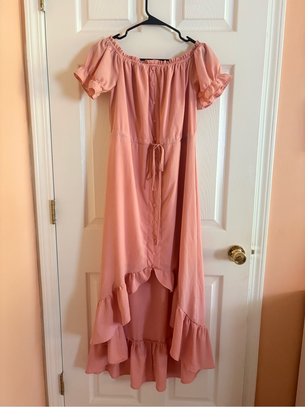 Off-Shoulder Button-Front Maxi Dress in Dusty Rose
